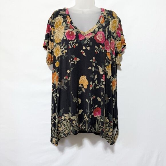 Johnny Was XL Graceful Drape Short Sleeves Floral Bird Black Tunic Top Shirt - Picture 4 of 12
